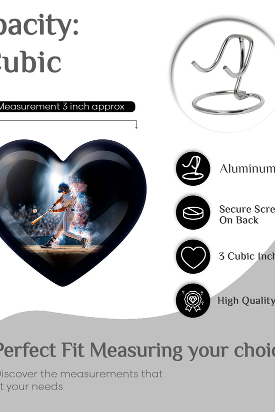 Deep Black Baseball Cremation Urn front view showing detailed design - loving heart memorial featuring baseball pattern - mini keepsake memorial for portion of cremation ashes