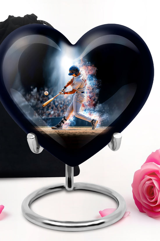 Charcoal Black Baseball Cremation Urn detail view - romantic heart urn with baseball motif on aluminum - full-size 10 inch 200 cubic inch adult cremation urn