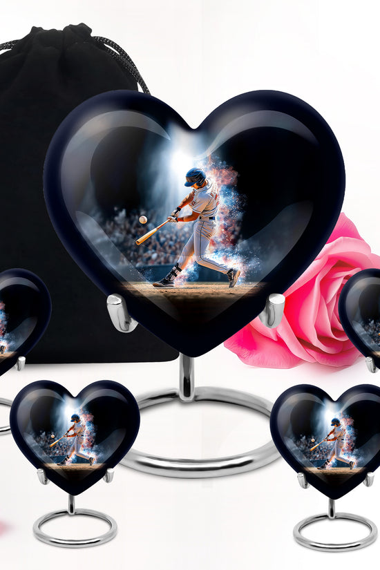 Rich Black Baseball Cremation Urn close-up of engraving and surface detail - heart-shaped baseball design symbolizing eternal love - memorial set with one large and four small urns