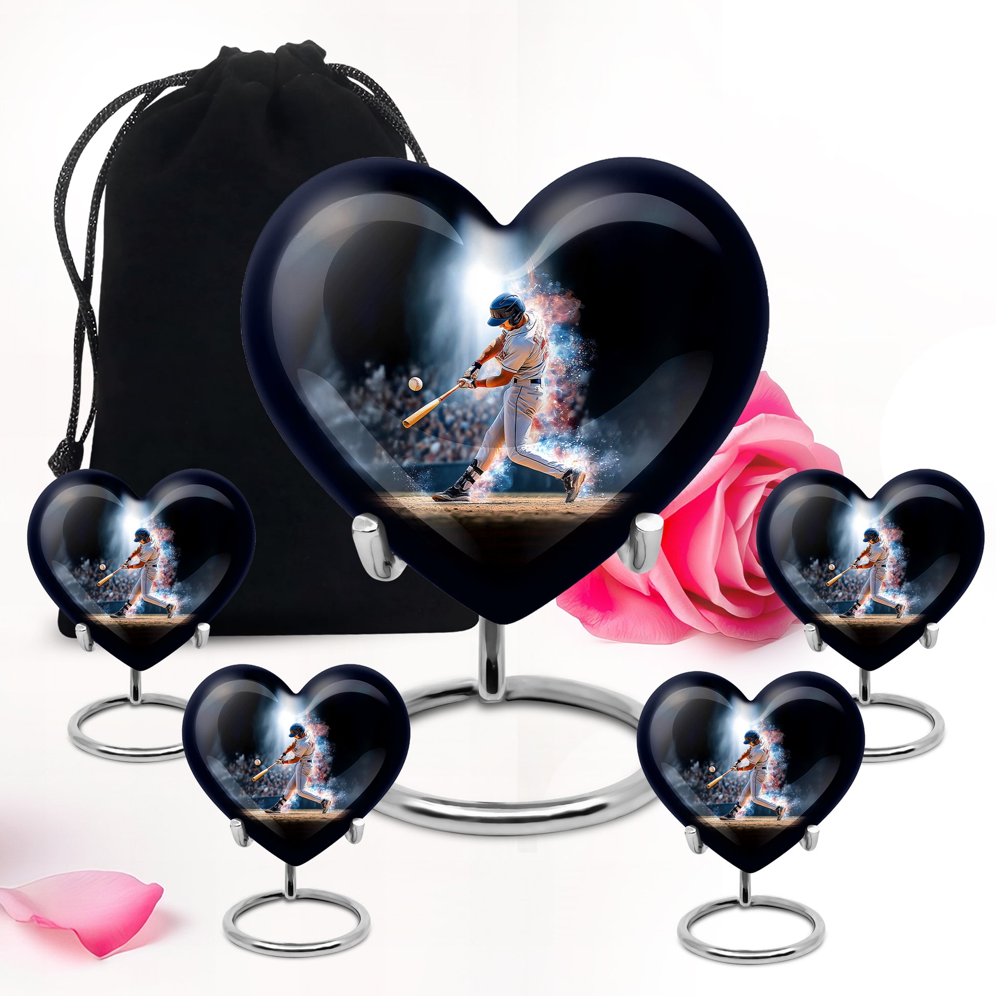 Rich Black Baseball Cremation Urn close-up of engraving and surface detail - heart-shaped baseball design symbolizing eternal love - memorial set with one large and four small urns