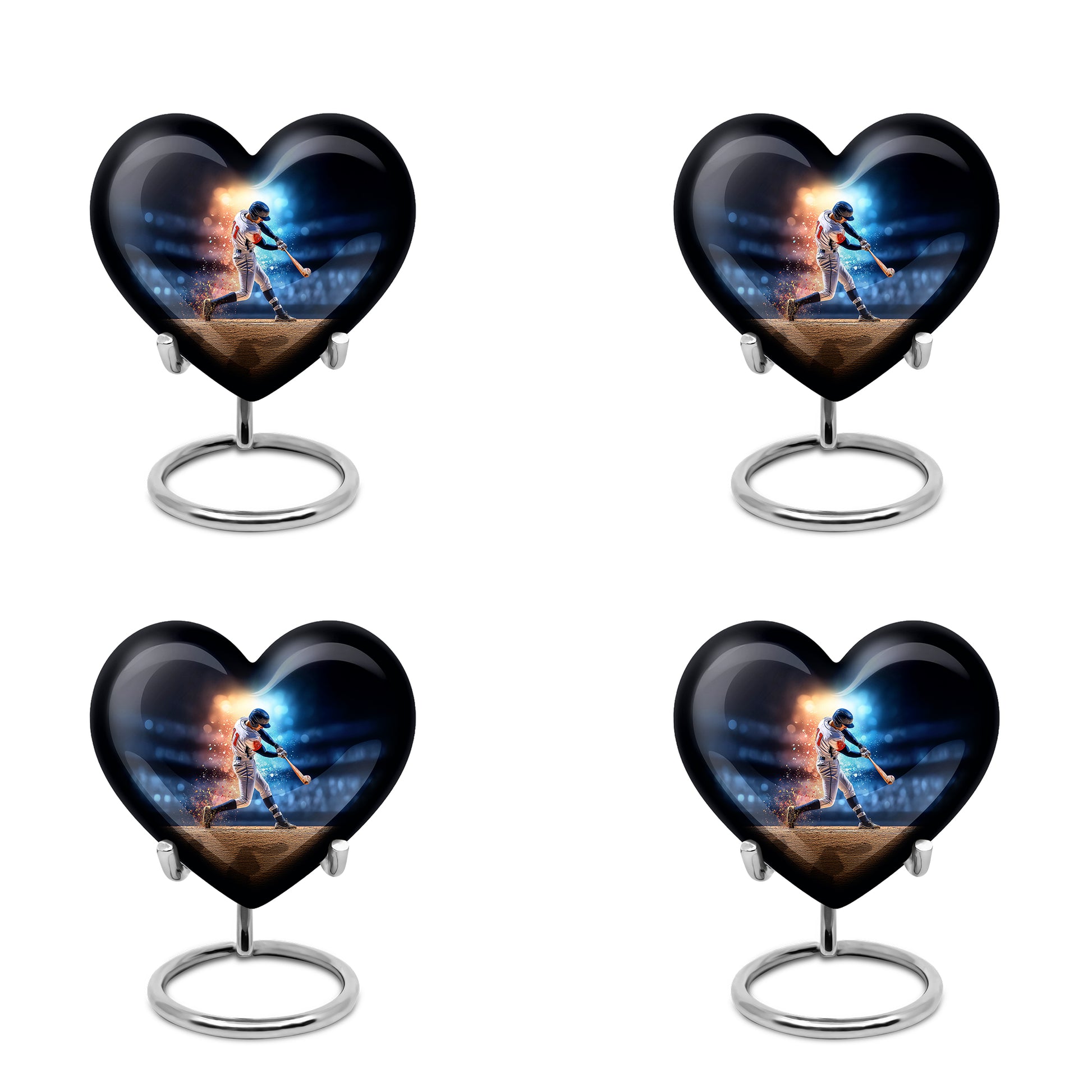 Dusty Blue Baseball Cremation Urn angled view of lid and engraved motif - loving heart memorial featuring baseball pattern - 10 inch aluminum urn for cremated remains