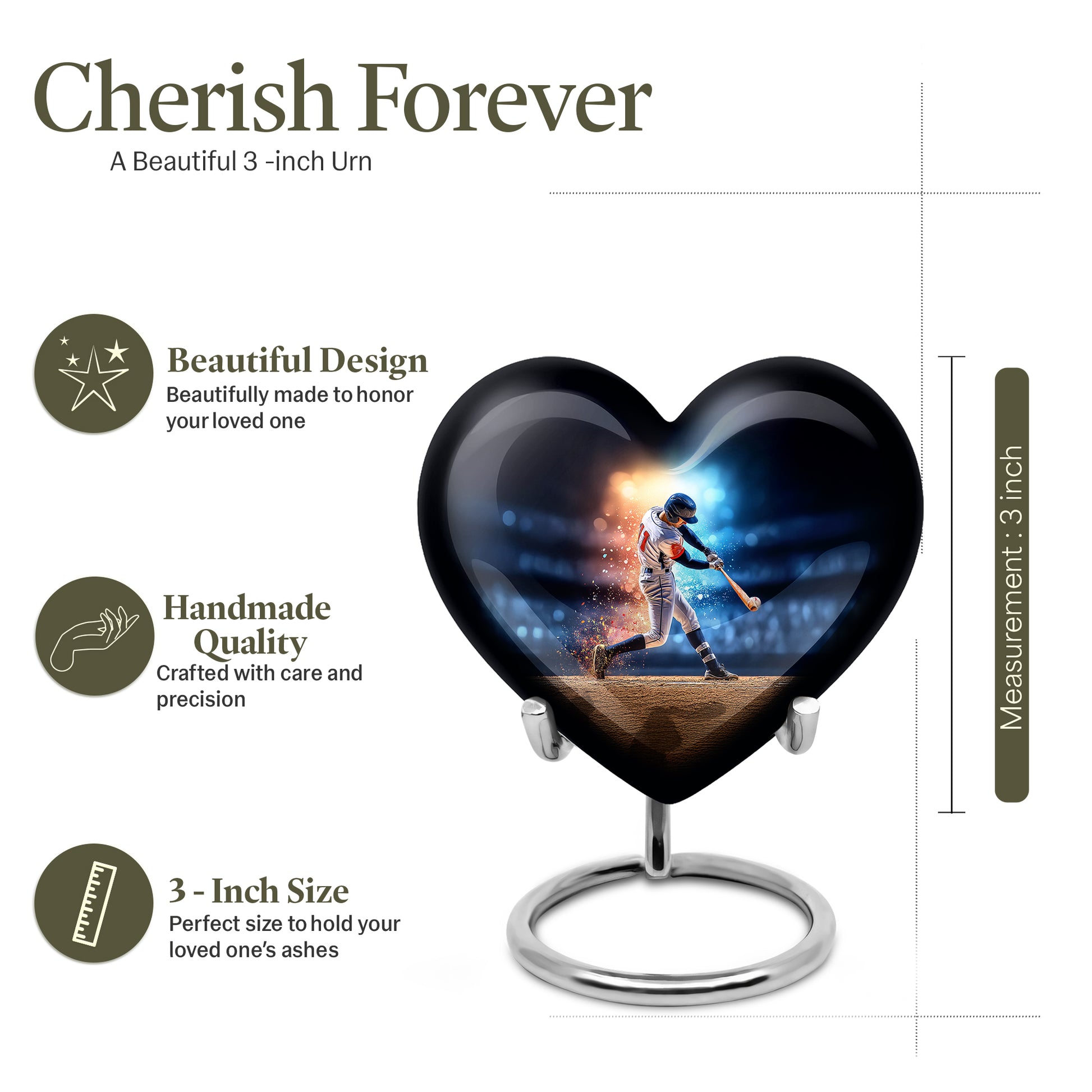 Bright Blue Baseball Cremation Urn front view showing detailed design - compassionate heart-baseball combination with gentle curves - mini keepsake memorial for portion of cremation ashes