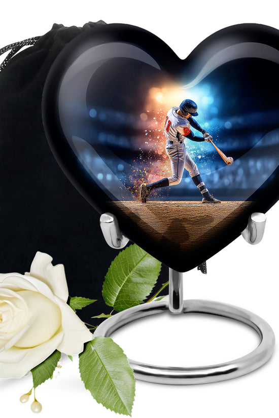Royal Blue Baseball Cremation Urn detail view - romantic heart urn with baseball motif on aluminum - full-size 10 inch 200 cubic inch adult cremation urn