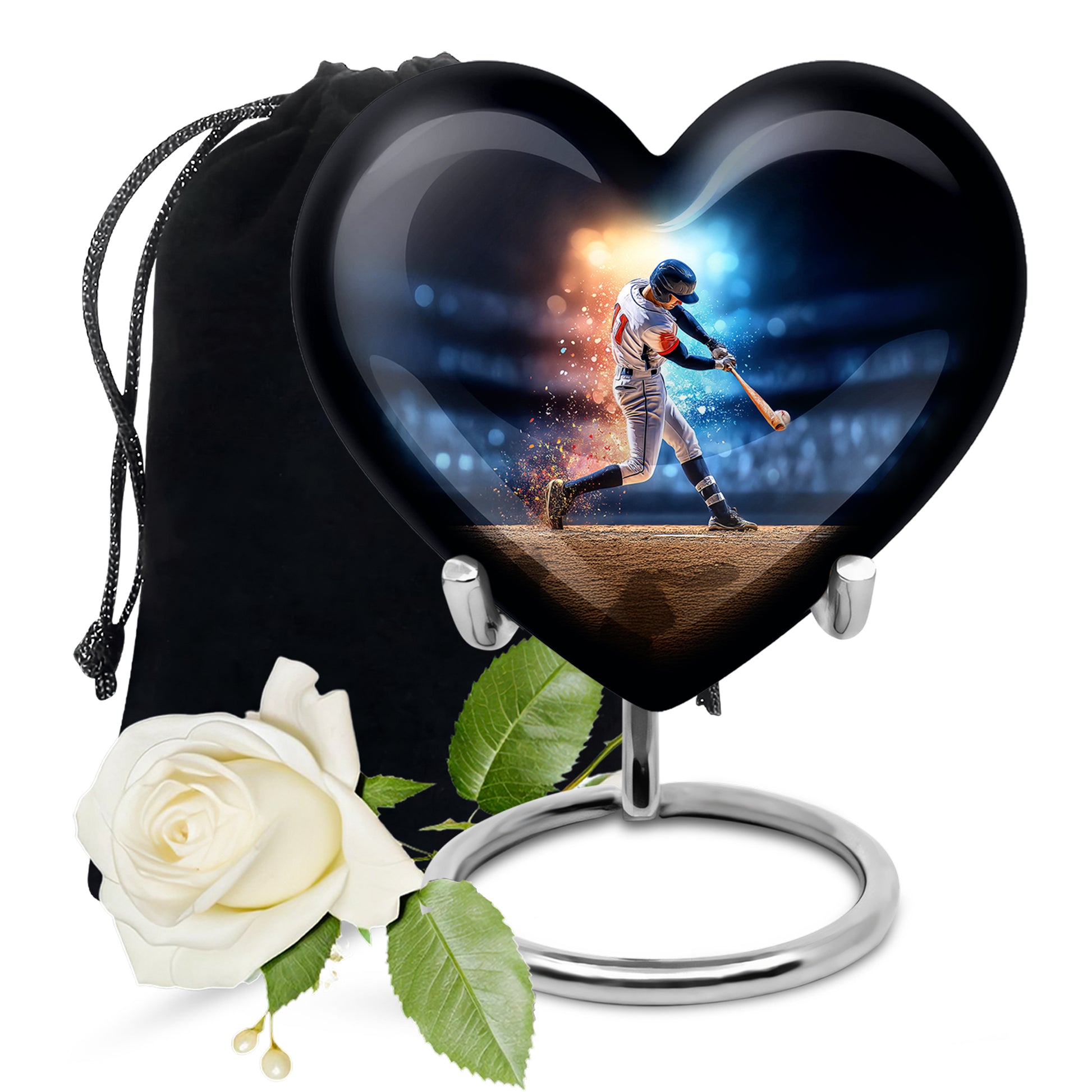 Royal Blue Baseball Cremation Urn detail view - romantic heart urn with baseball motif on aluminum - full-size 10 inch 200 cubic inch adult cremation urn