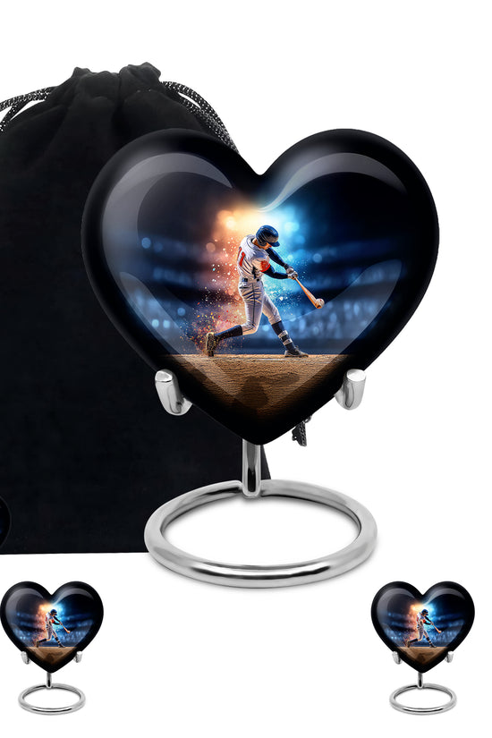 Bright Blue Baseball Cremation Urn close-up of engraving and surface detail - romantic heart urn with baseball motif on aluminum - memorial set with one large and four small urns