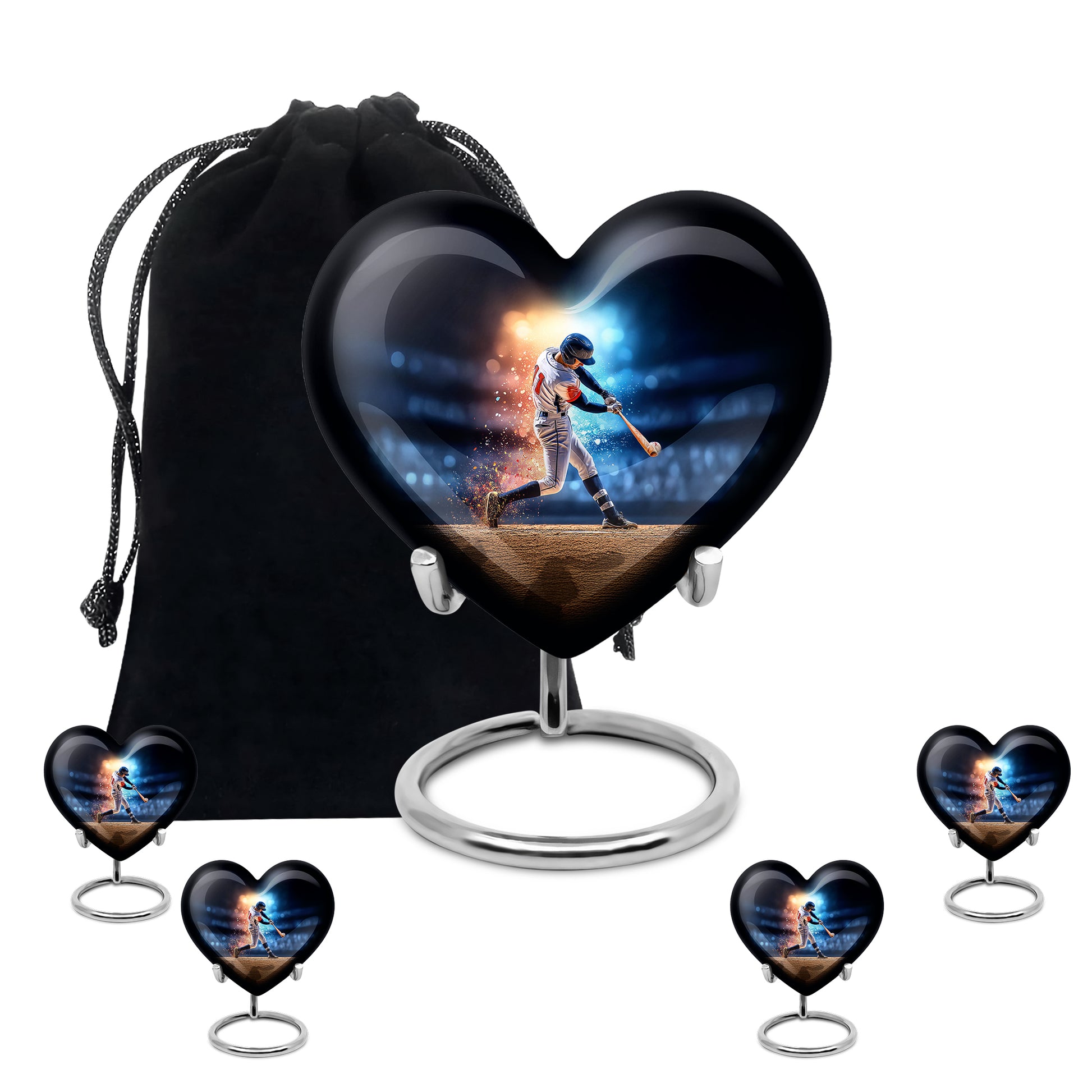 Bright Blue Baseball Cremation Urn close-up of engraving and surface detail - romantic heart urn with baseball motif on aluminum - memorial set with one large and four small urns