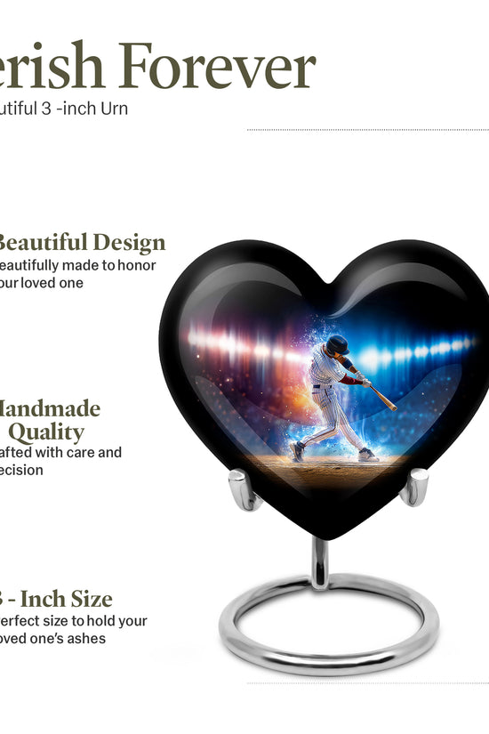Rich Black Baseball Cremation Urn front view showing detailed design - loving heart memorial featuring baseball pattern - mini keepsake memorial for portion of cremation ashes