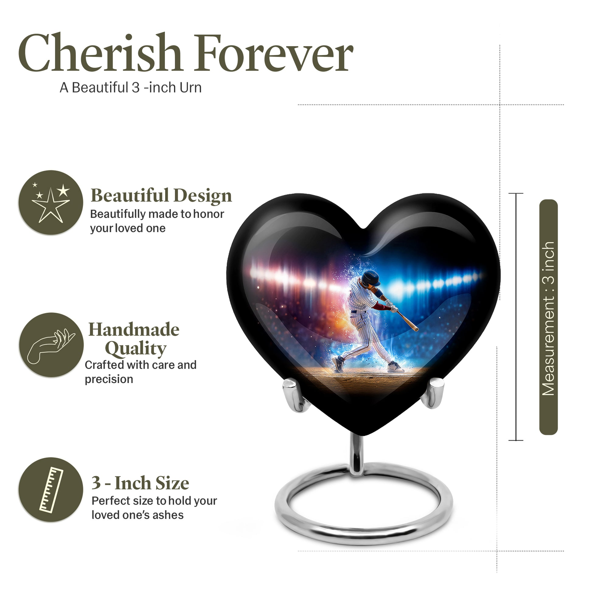 Rich Black Baseball Cremation Urn front view showing detailed design - loving heart memorial featuring baseball pattern - mini keepsake memorial for portion of cremation ashes