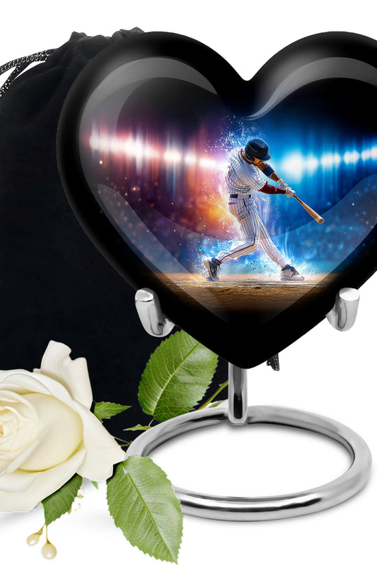 Ebony Baseball Cremation Urn detail view - loving heart memorial featuring baseball pattern - full-size 10 inch 200 cubic inch adult cremation urn