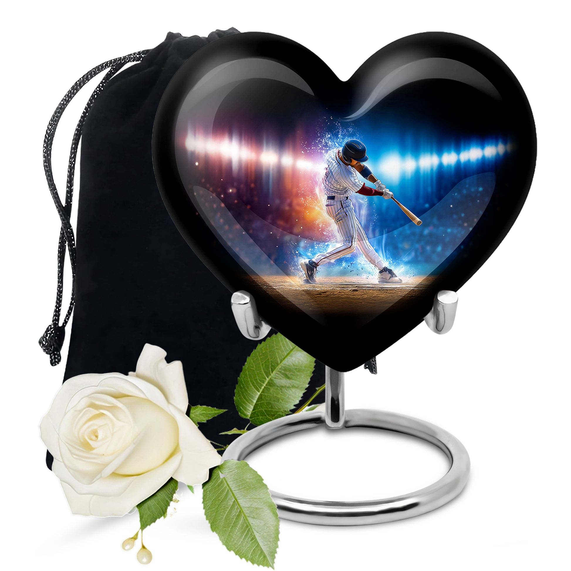 Ebony Baseball Cremation Urn detail view - loving heart memorial featuring baseball pattern - full-size 10 inch 200 cubic inch adult cremation urn