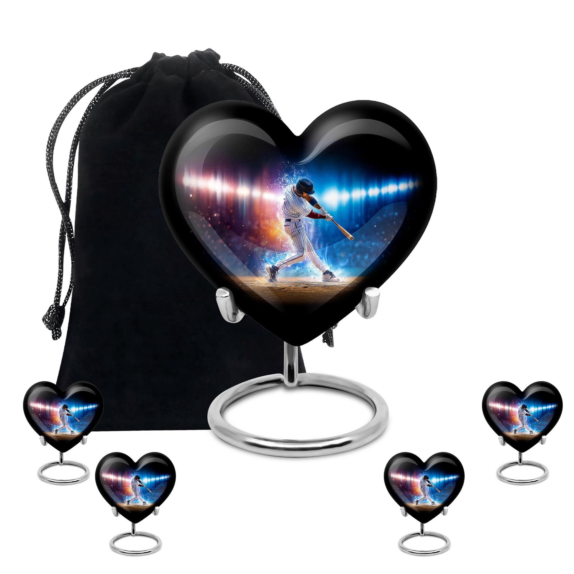 Jet Black Baseball Cremation Urn close-up of engraving and surface detail - heart-shaped baseball design symbolizing eternal love - memorial set with one large and four small urns