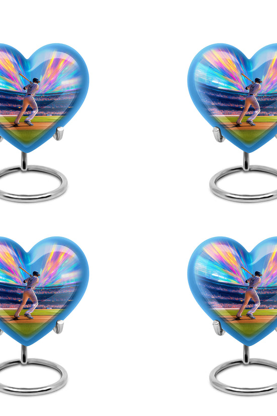 Cobalt Blue Baseball Cremation Urn angled view of lid and engraved motif - compassionate heart-baseball combination with gentle curves - 10 inch aluminum urn for cremated remains