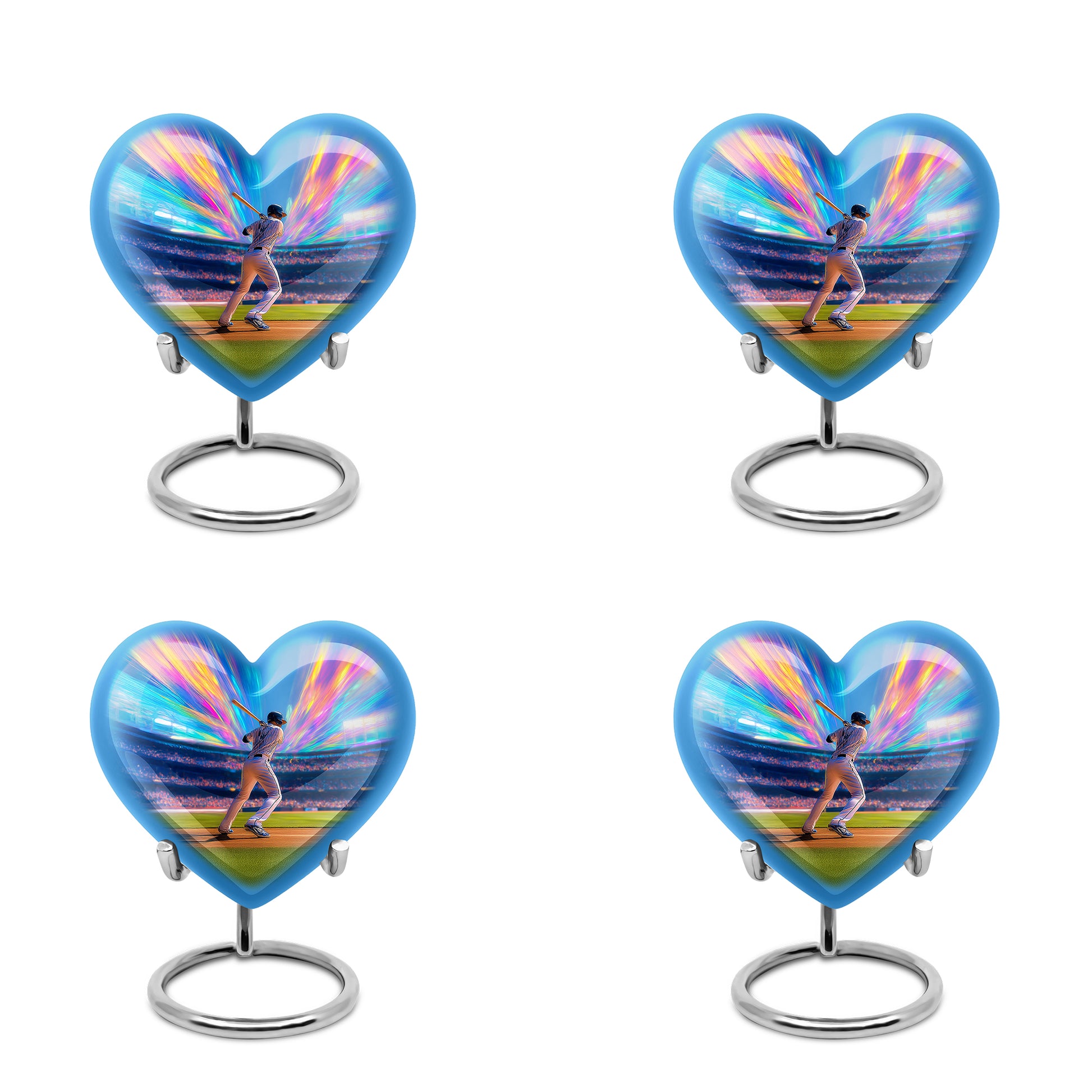 Cobalt Blue Baseball Cremation Urn angled view of lid and engraved motif - compassionate heart-baseball combination with gentle curves - 10 inch aluminum urn for cremated remains