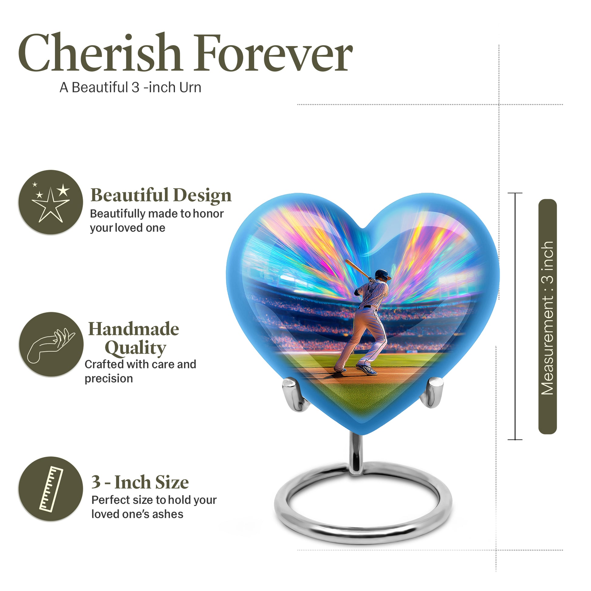 Twilight Blue Baseball Cremation Urn front view showing detailed design - romantic heart urn with baseball motif on aluminum - mini keepsake memorial for portion of cremation ashes