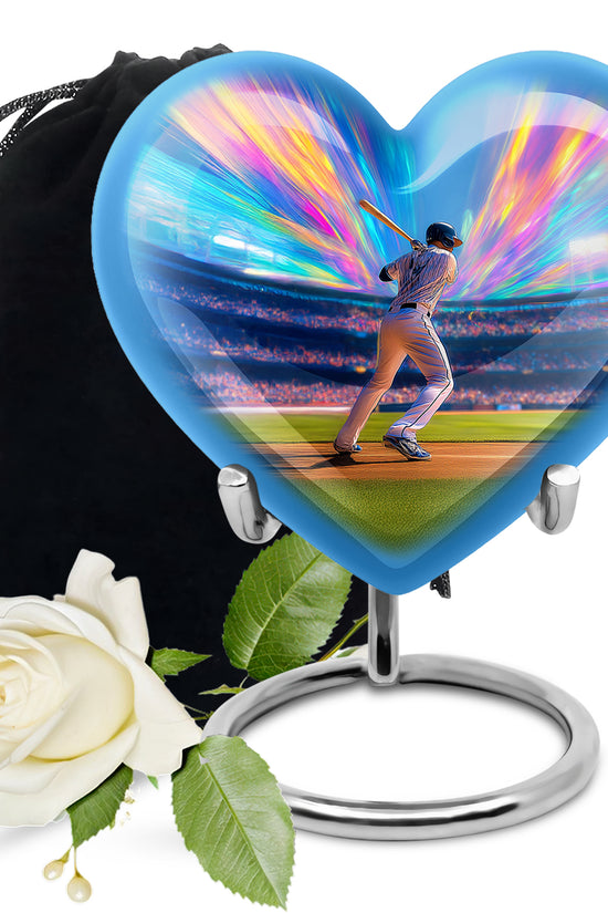 Navy Blue Baseball Cremation Urn detail view - loving heart memorial featuring baseball pattern - full-size 10 inch 200 cubic inch adult cremation urn