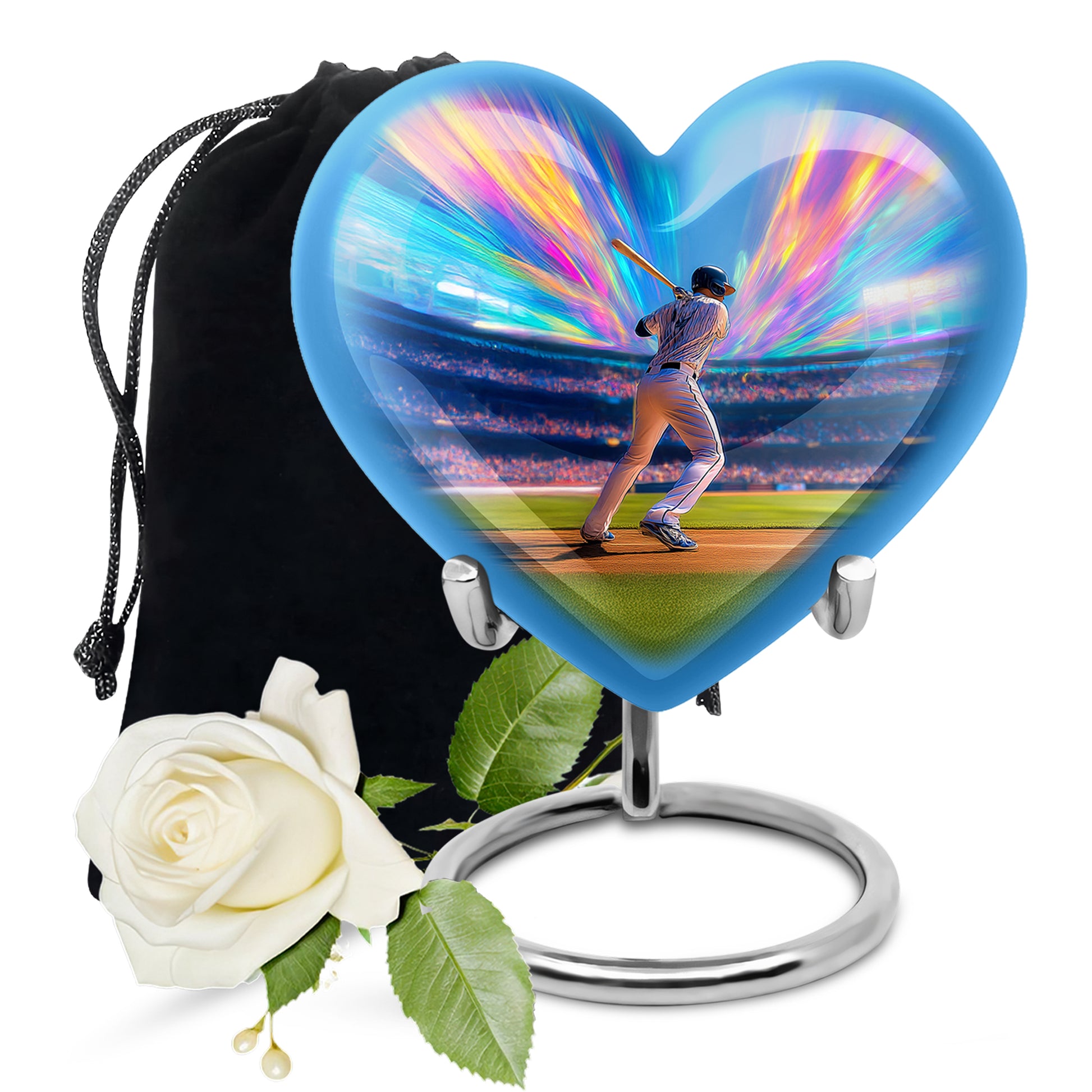 Navy Blue Baseball Cremation Urn detail view - loving heart memorial featuring baseball pattern - full-size 10 inch 200 cubic inch adult cremation urn