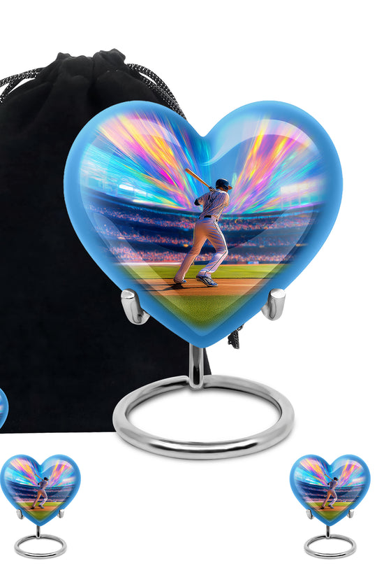 Navy Blue Baseball Cremation Urn close-up of engraving and surface detail - heart-shaped baseball design symbolizing eternal love - memorial set with one large and four small urns