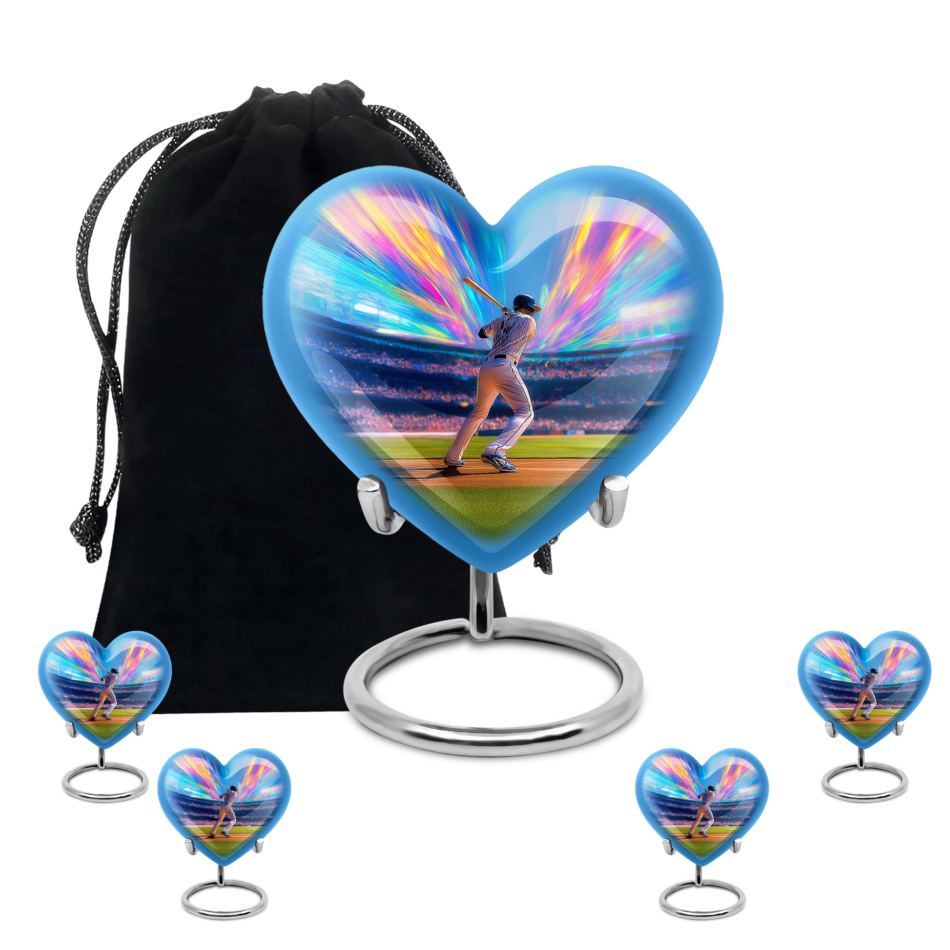 Navy Blue Baseball Cremation Urn close-up of engraving and surface detail - heart-shaped baseball design symbolizing eternal love - memorial set with one large and four small urns