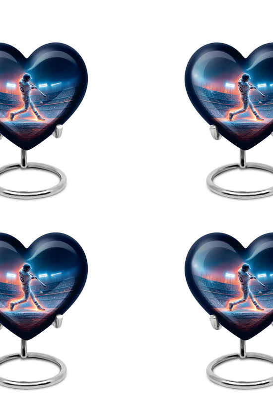 Serene Blue Baseball Cremation Urn angled view of lid and engraved motif - romantic heart urn with baseball motif on aluminum - 10 inch aluminum urn for cremated remains