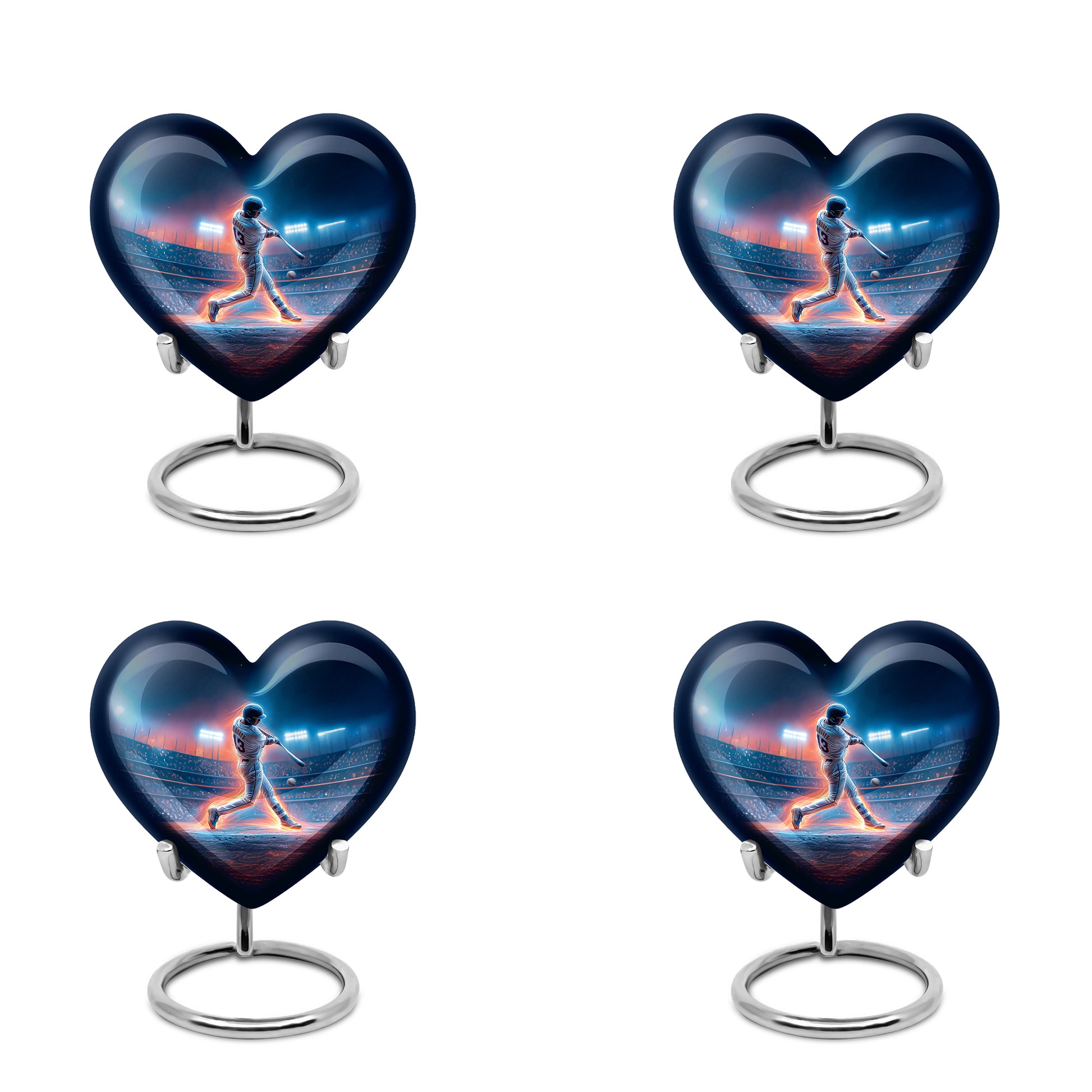 Serene Blue Baseball Cremation Urn angled view of lid and engraved motif - romantic heart urn with baseball motif on aluminum - 10 inch aluminum urn for cremated remains