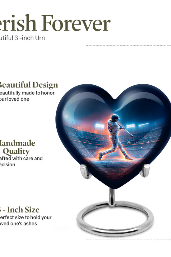 Slate Blue Baseball Cremation Urn front view showing detailed design - heart-shaped baseball design symbolizing eternal love - mini keepsake memorial for portion of cremation ashes