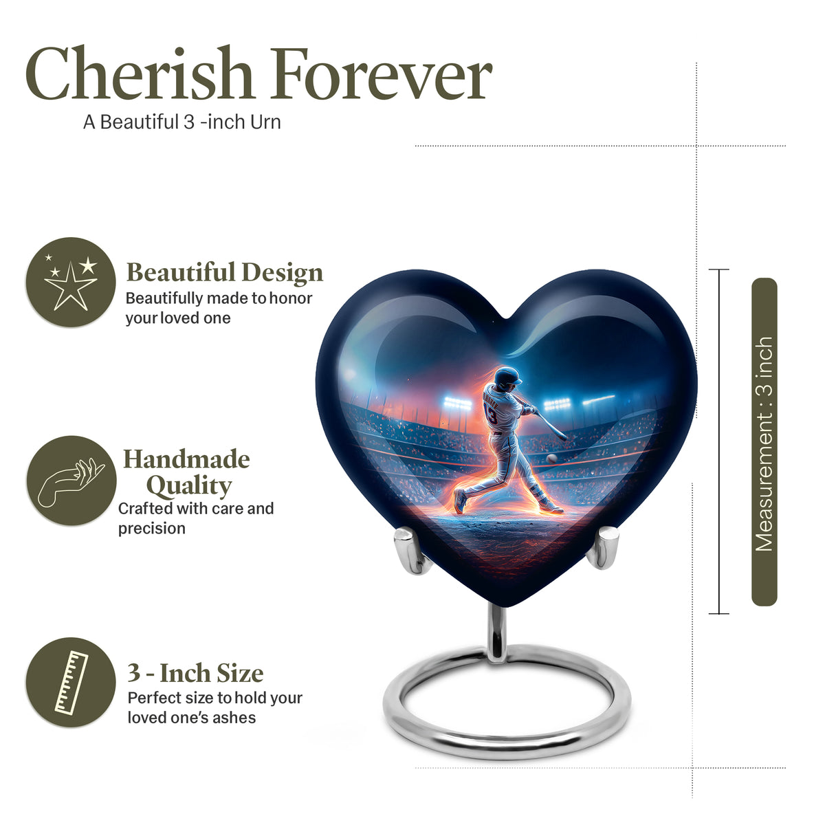 Slate Blue Baseball Cremation Urn front view showing detailed design - heart-shaped baseball design symbolizing eternal love - mini keepsake memorial for portion of cremation ashes
