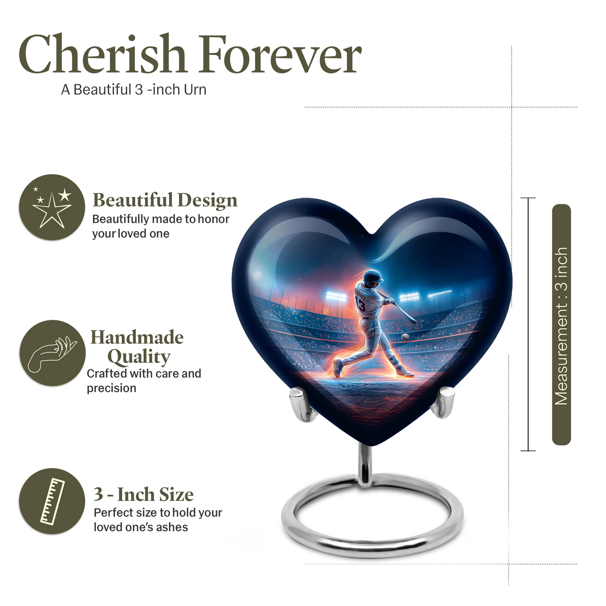 Slate Blue Baseball Cremation Urn front view showing detailed design - heart-shaped baseball design symbolizing eternal love - mini keepsake memorial for portion of cremation ashes