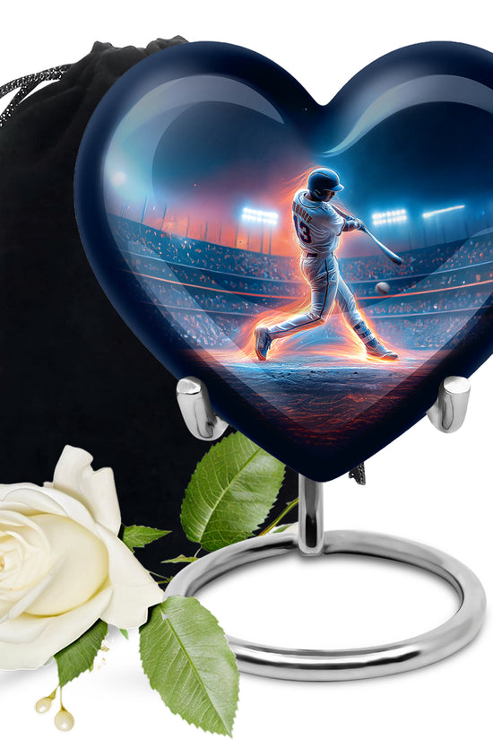 Cobalt Blue Baseball Cremation Urn detail view - romantic heart urn with baseball motif on aluminum - full-size 10 inch 200 cubic inch adult cremation urn