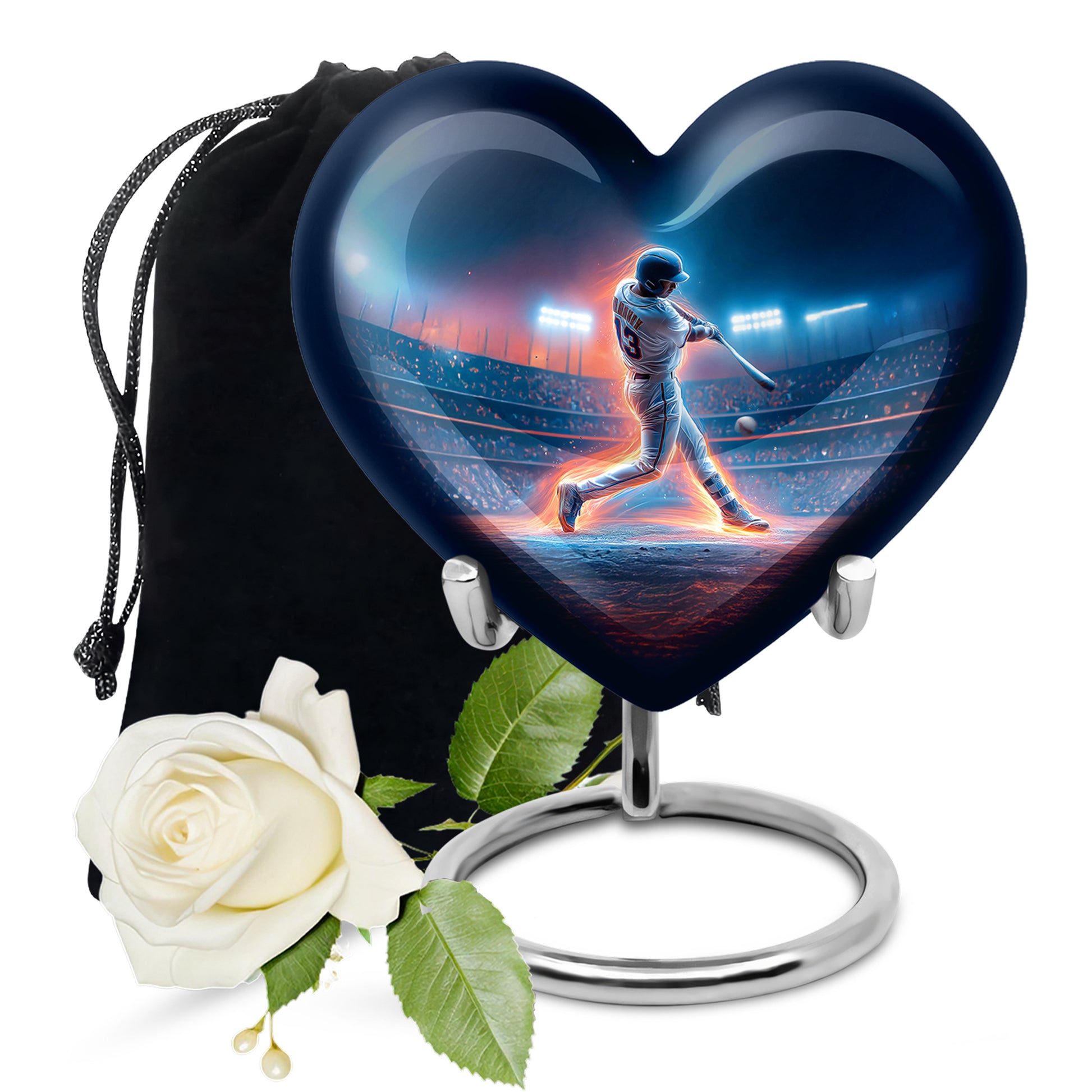 Cobalt Blue Baseball Cremation Urn detail view - romantic heart urn with baseball motif on aluminum - full-size 10 inch 200 cubic inch adult cremation urn