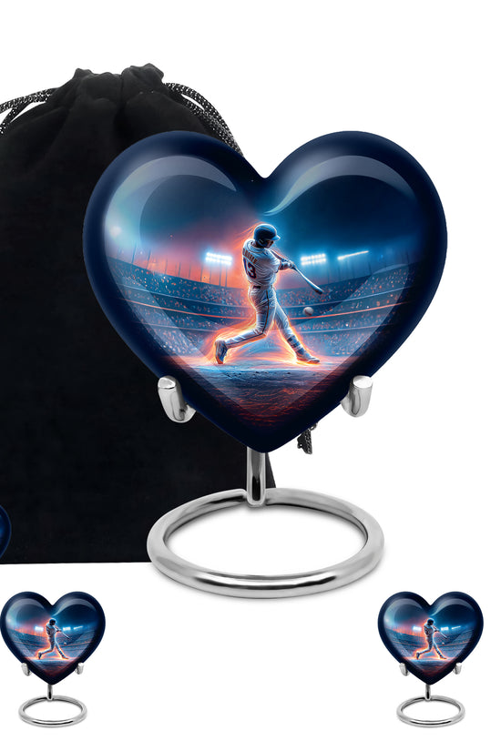 Soft Blue Baseball Cremation Urn close-up of engraving and surface detail - romantic heart urn with baseball motif on aluminum - memorial set with one large and four small urns