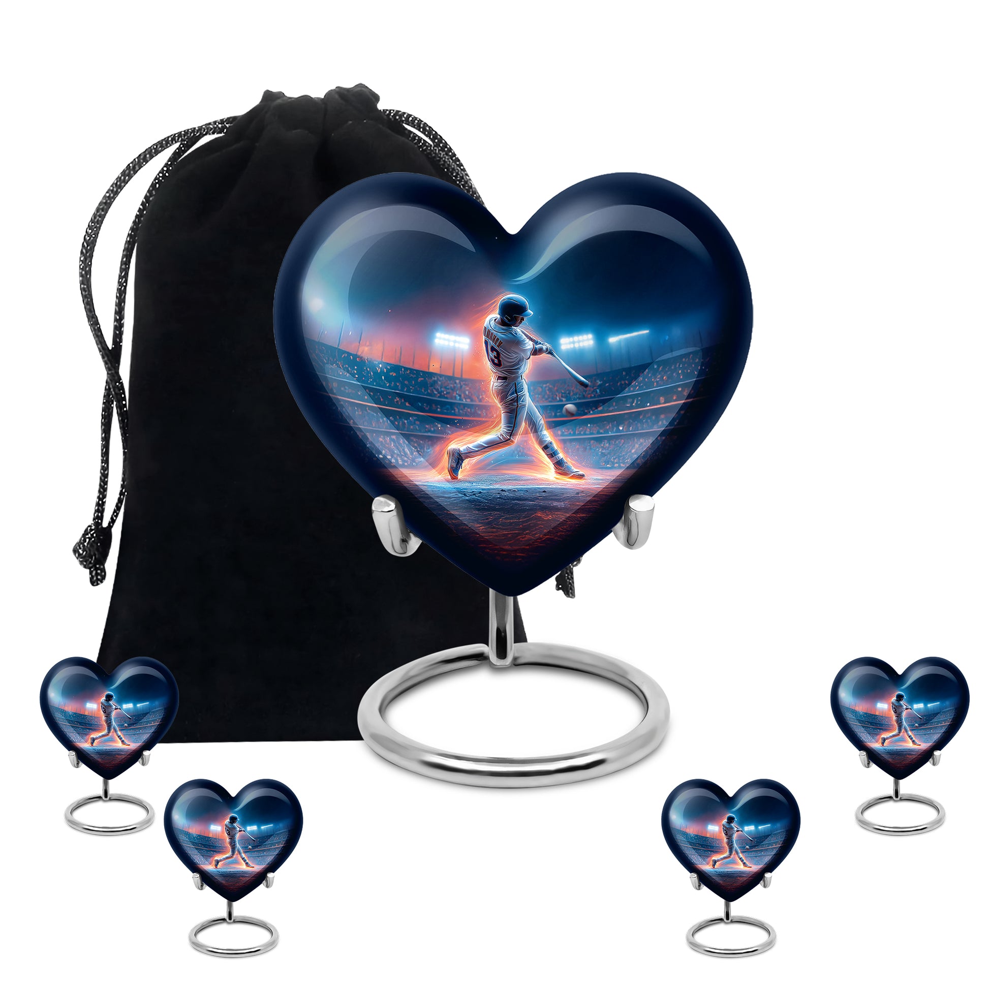 Soft Blue Baseball Cremation Urn close-up of engraving and surface detail - romantic heart urn with baseball motif on aluminum - memorial set with one large and four small urns