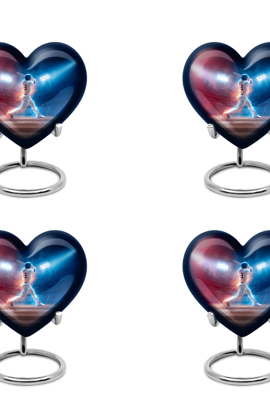Serene Blue Baseball Cremation Urn angled view of lid and engraved motif - compassionate heart-baseball combination with gentle curves - 10 inch aluminum urn for cremated remains