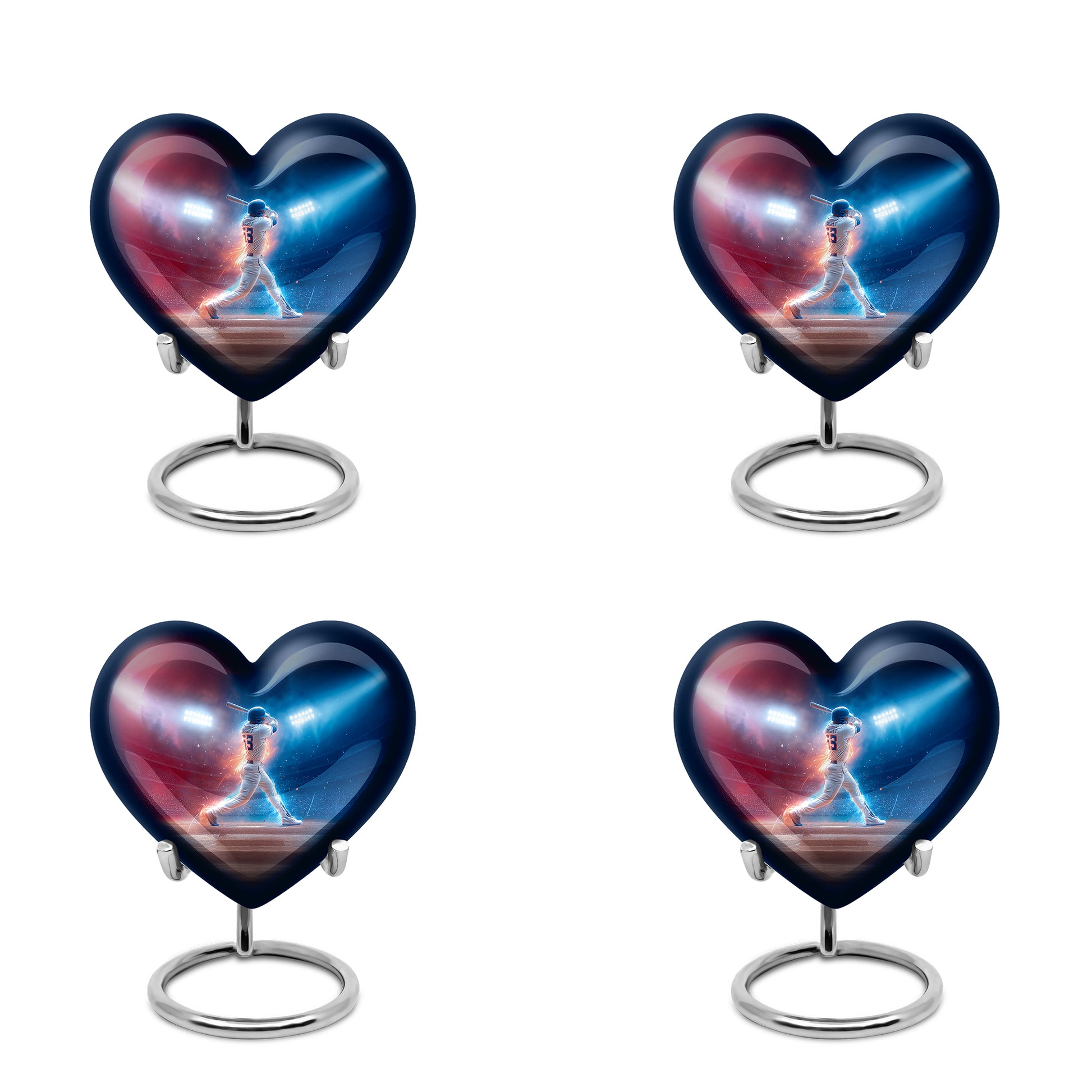 Serene Blue Baseball Cremation Urn angled view of lid and engraved motif - compassionate heart-baseball combination with gentle curves - 10 inch aluminum urn for cremated remains