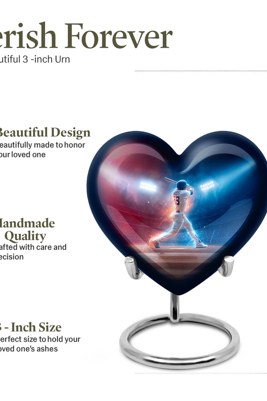 Steel Blue Baseball Cremation Urn front view showing detailed design - romantic heart urn with baseball motif on aluminum - mini keepsake memorial for portion of cremation ashes