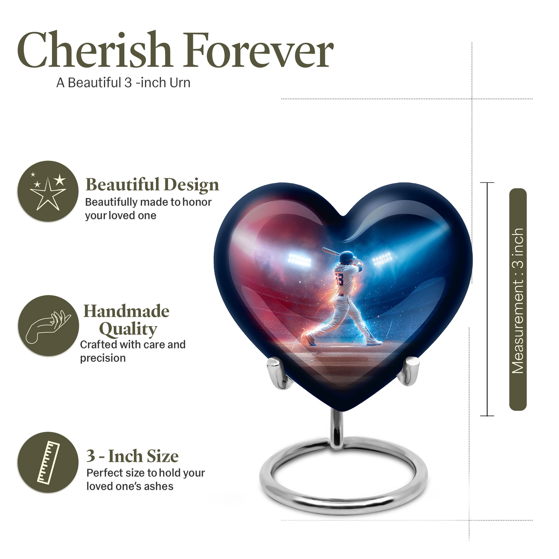 Steel Blue Baseball Cremation Urn front view showing detailed design - romantic heart urn with baseball motif on aluminum - mini keepsake memorial for portion of cremation ashes