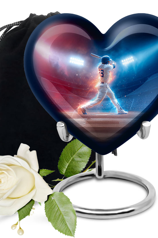 Misty Blue Baseball Cremation Urn detail view - loving heart memorial featuring baseball pattern - full-size 10 inch 200 cubic inch adult cremation urn
