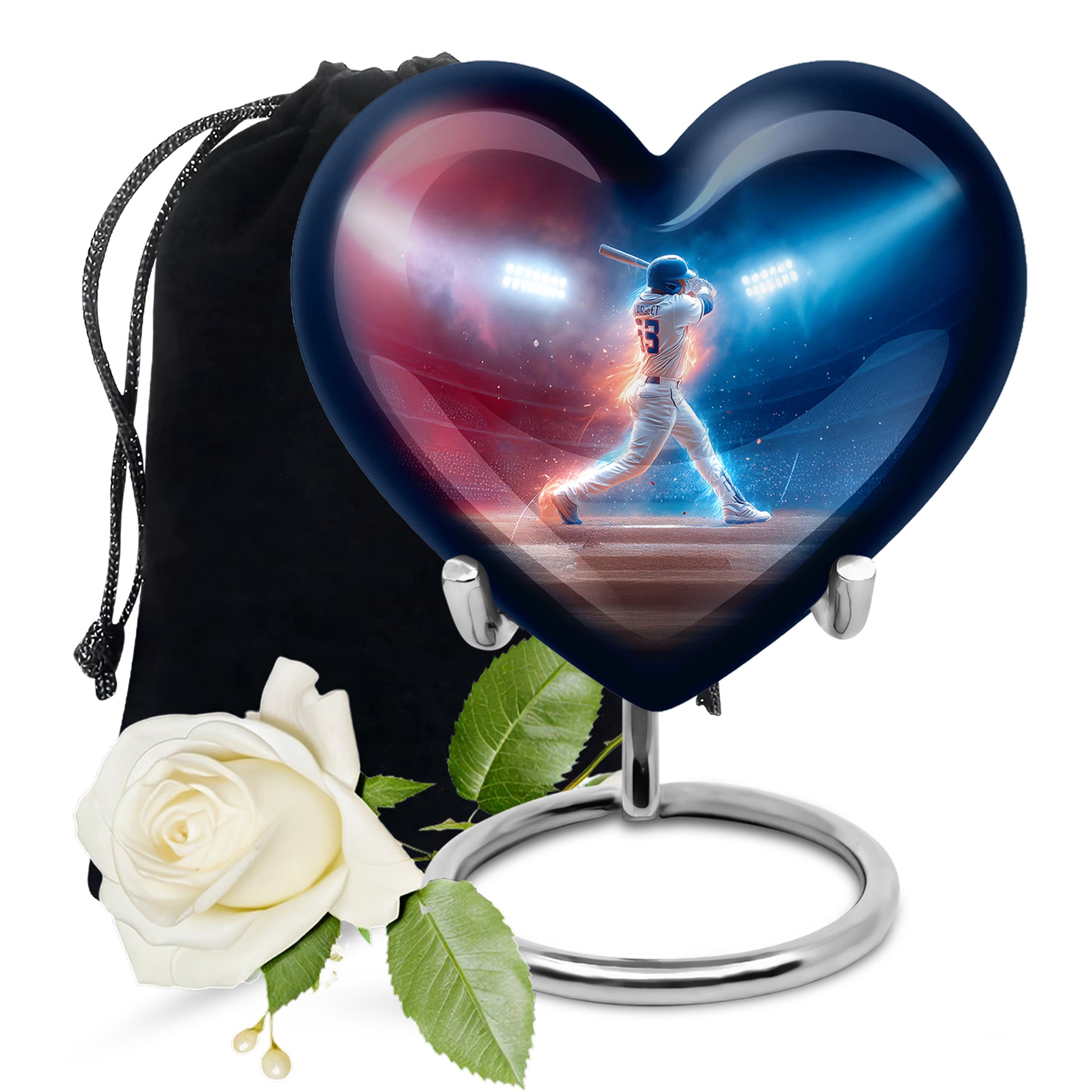 Misty Blue Baseball Cremation Urn detail view - loving heart memorial featuring baseball pattern - full-size 10 inch 200 cubic inch adult cremation urn