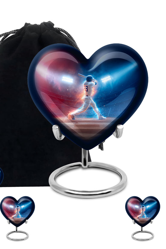 Navy Blue Baseball Cremation Urn close-up of engraving and surface detail - heart-shaped baseball design symbolizing eternal love - memorial set with one large and four small urns