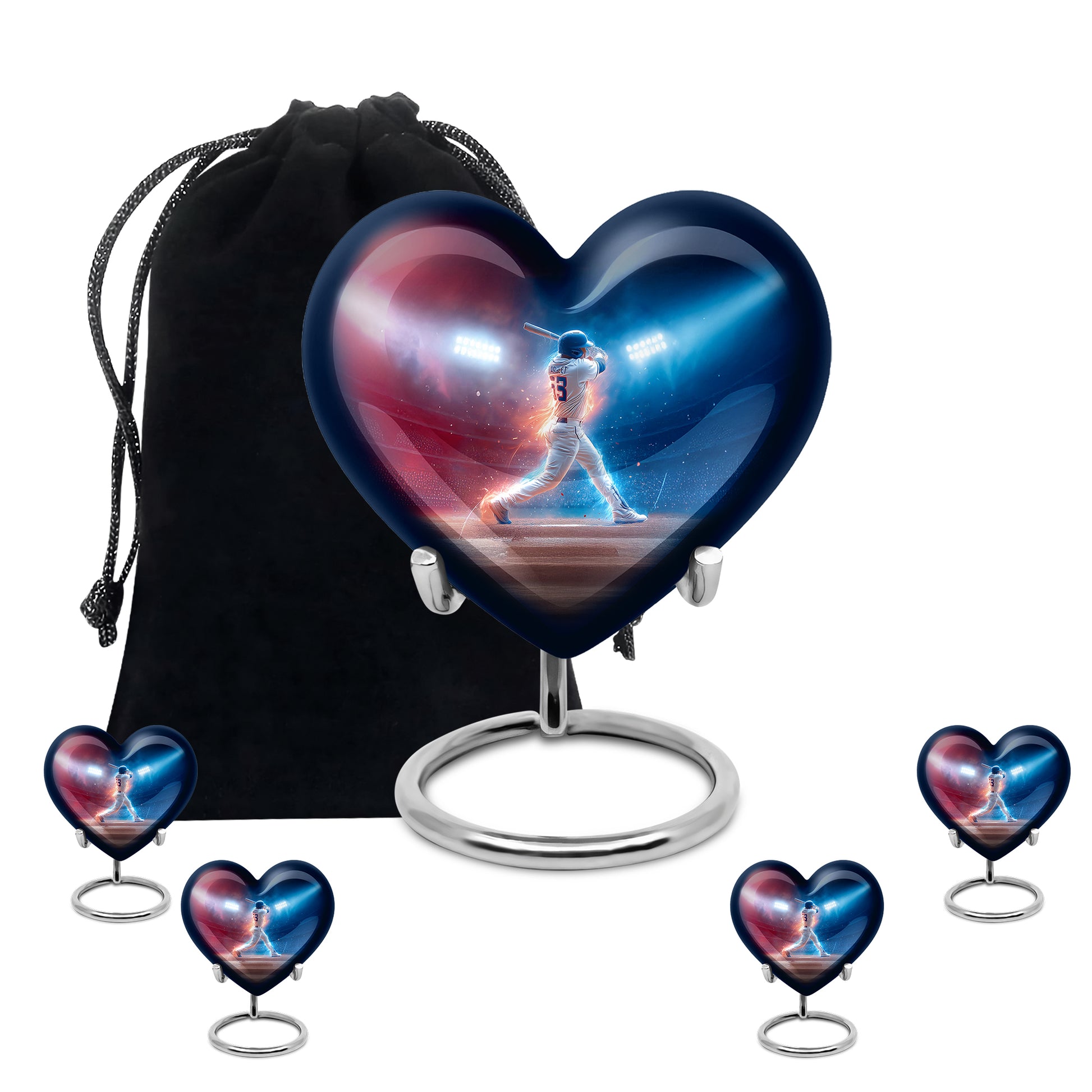 Navy Blue Baseball Cremation Urn close-up of engraving and surface detail - heart-shaped baseball design symbolizing eternal love - memorial set with one large and four small urns
