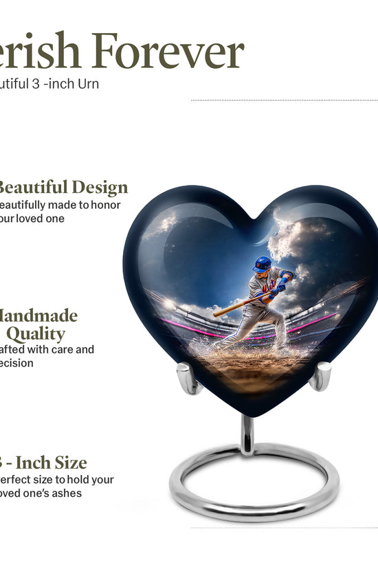 Icy Blue Baseball Cremation Urn front view showing detailed design - heart-shaped baseball design symbolizing eternal love - mini keepsake memorial for portion of cremation ashes