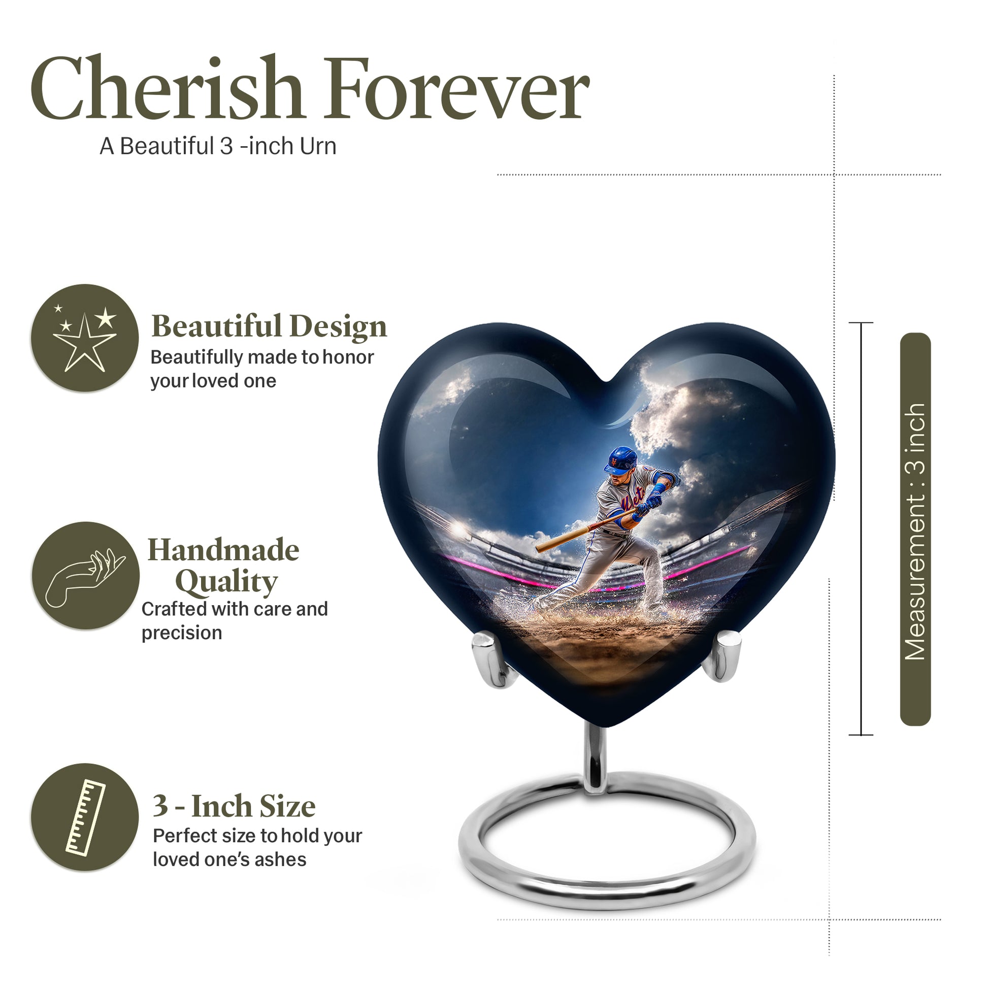 Icy Blue Baseball Cremation Urn front view showing detailed design - heart-shaped baseball design symbolizing eternal love - mini keepsake memorial for portion of cremation ashes