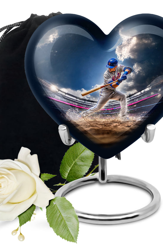 Twilight Blue Baseball Cremation Urn detail view - compassionate heart-baseball combination with gentle curves - full-size 10 inch 200 cubic inch adult cremation urn