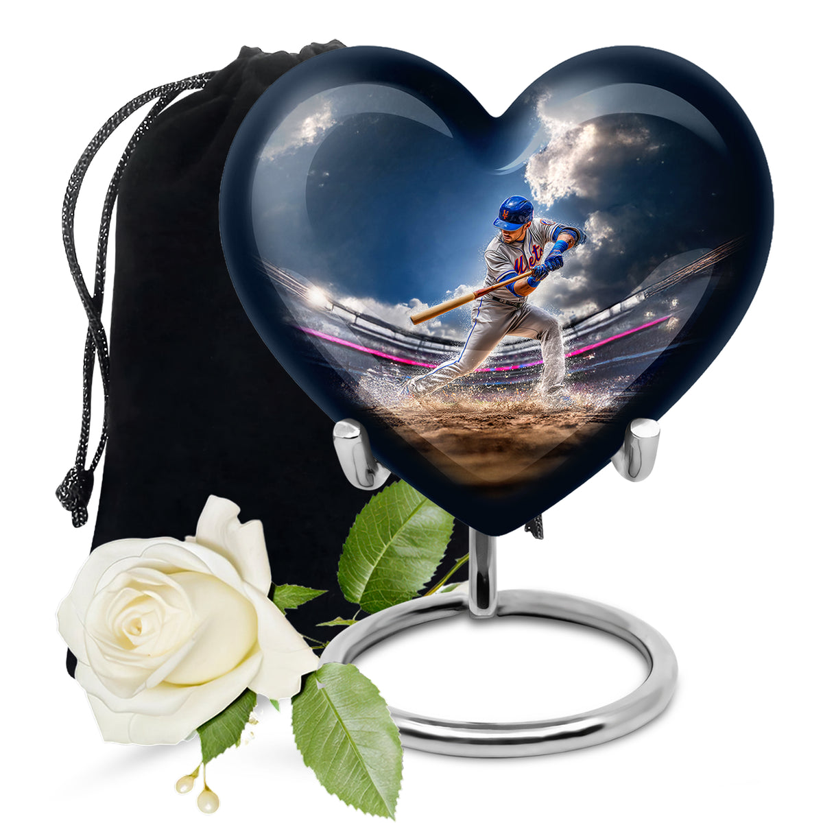Twilight Blue Baseball Cremation Urn detail view - compassionate heart-baseball combination with gentle curves - full-size 10 inch 200 cubic inch adult cremation urn