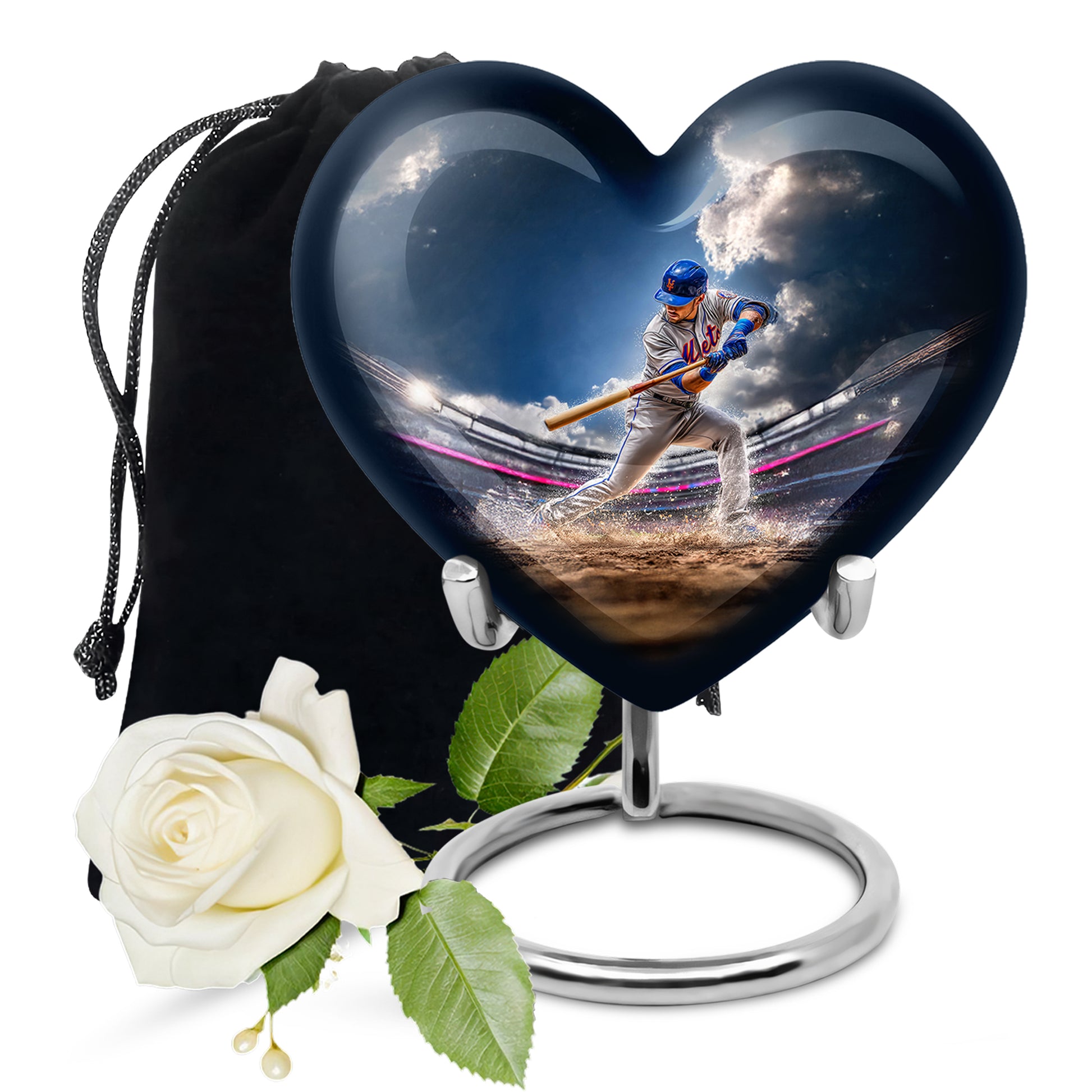 Twilight Blue Baseball Cremation Urn detail view - compassionate heart-baseball combination with gentle curves - full-size 10 inch 200 cubic inch adult cremation urn