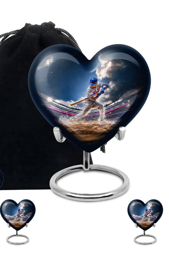 Indigo Baseball Cremation Urn close-up of engraving and surface detail - heart-shaped baseball design symbolizing eternal love - memorial set with one large and four small urns