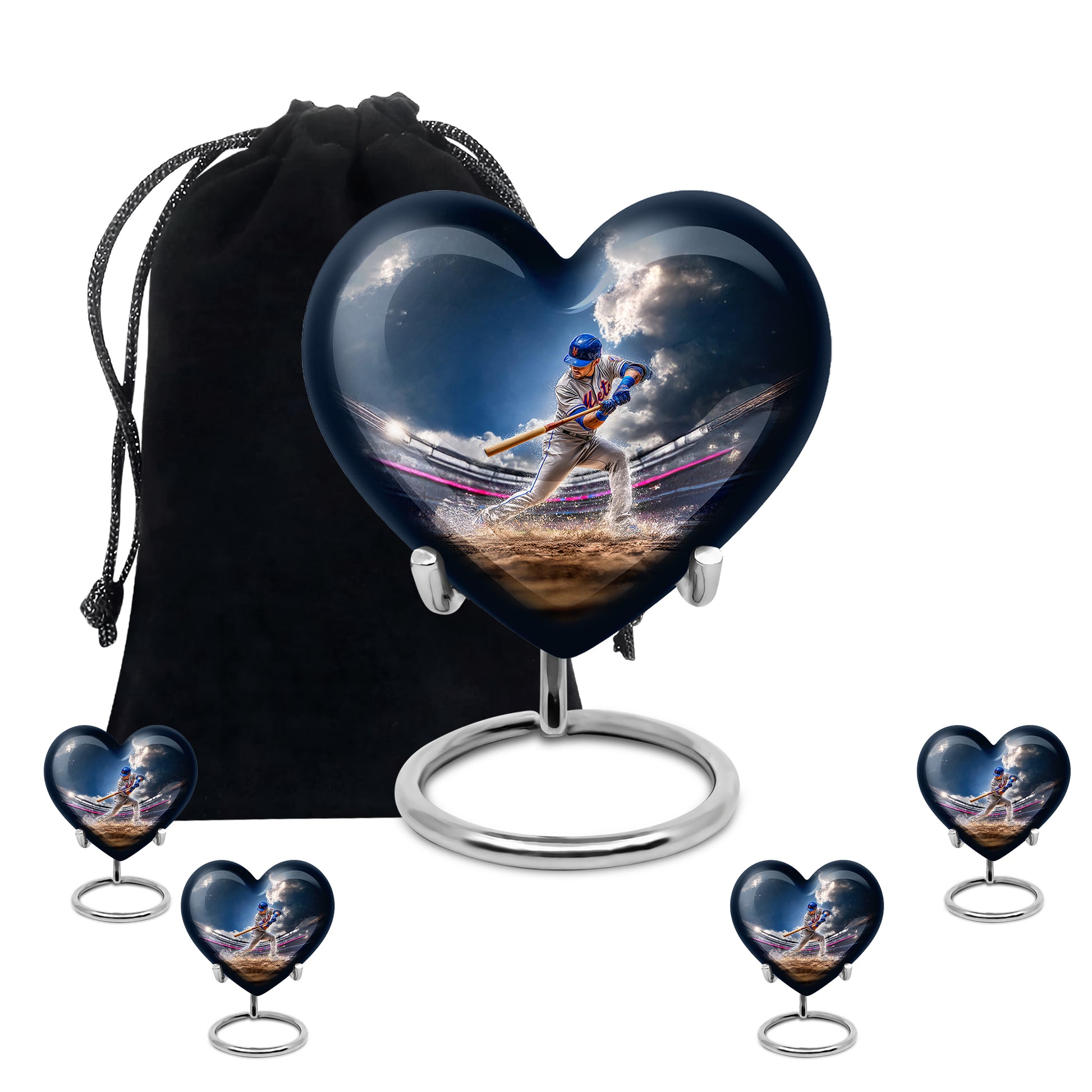 Indigo Baseball Cremation Urn close-up of engraving and surface detail - heart-shaped baseball design symbolizing eternal love - memorial set with one large and four small urns