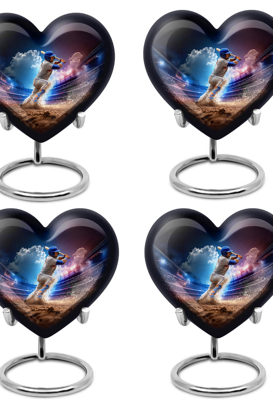 Sapphire Blue Baseball Cremation Urn angled view of lid and engraved motif - compassionate heart-baseball combination with gentle curves - 10 inch aluminum urn for cremated remains