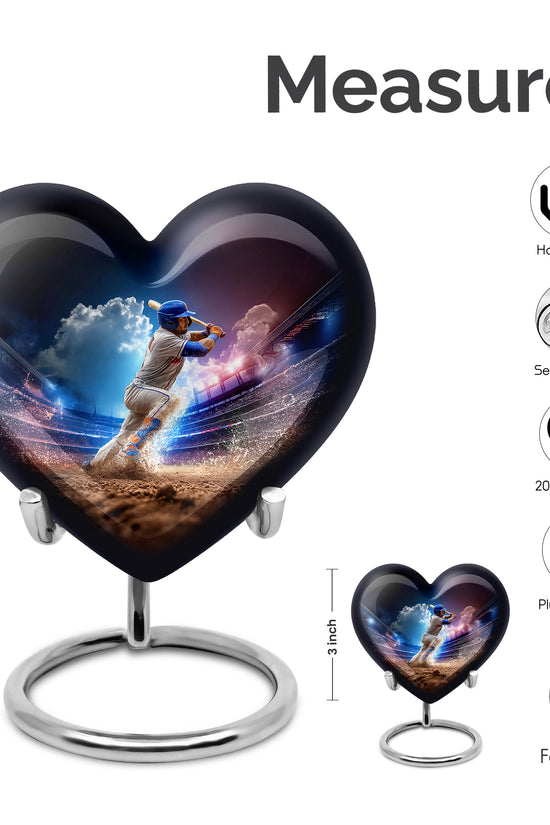 Icy Blue Baseball Cremation Urn front view showing detailed design - heart-shaped baseball design symbolizing eternal love - mini keepsake memorial for portion of cremation ashes