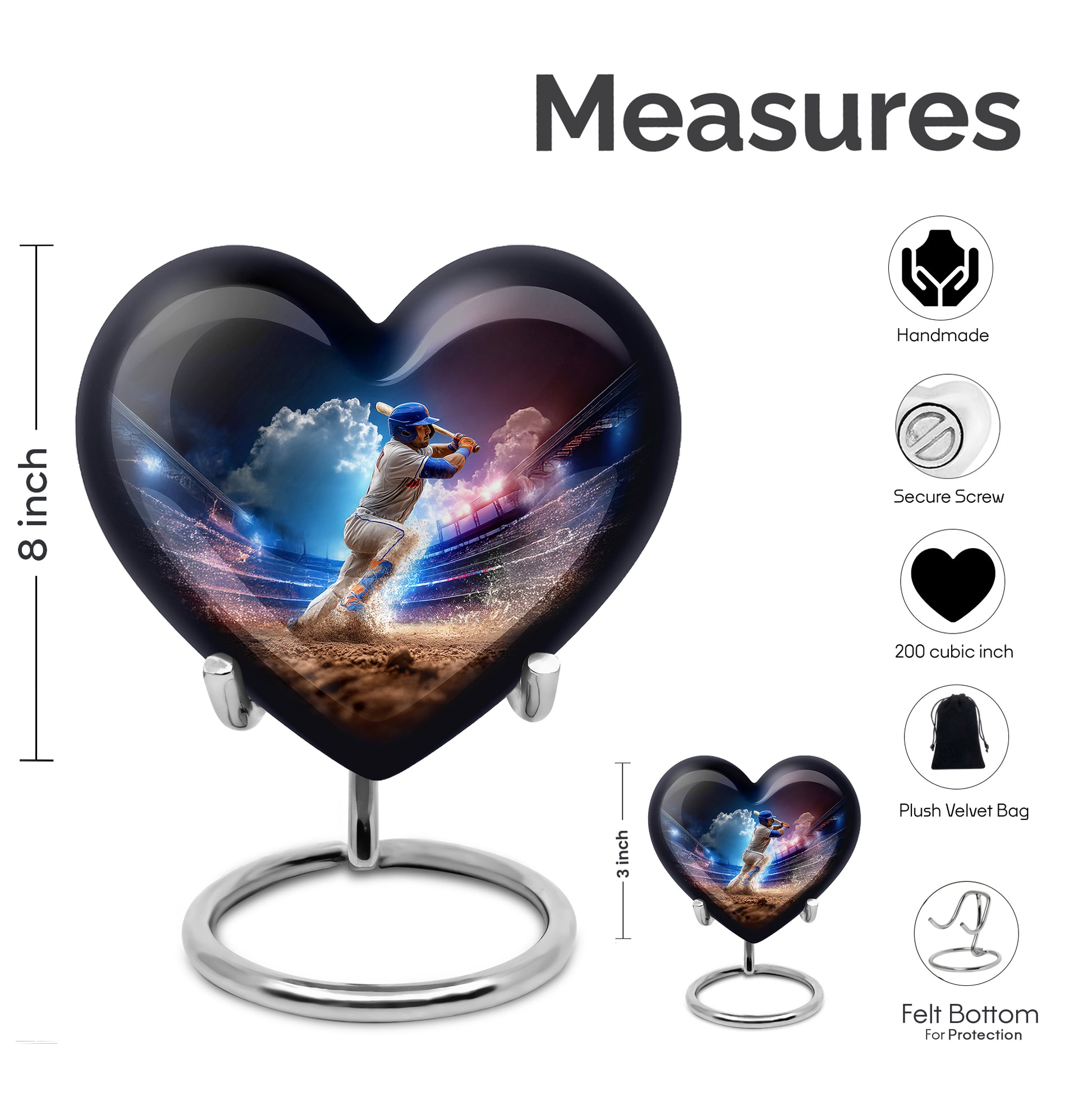 Icy Blue Baseball Cremation Urn front view showing detailed design - heart-shaped baseball design symbolizing eternal love - mini keepsake memorial for portion of cremation ashes