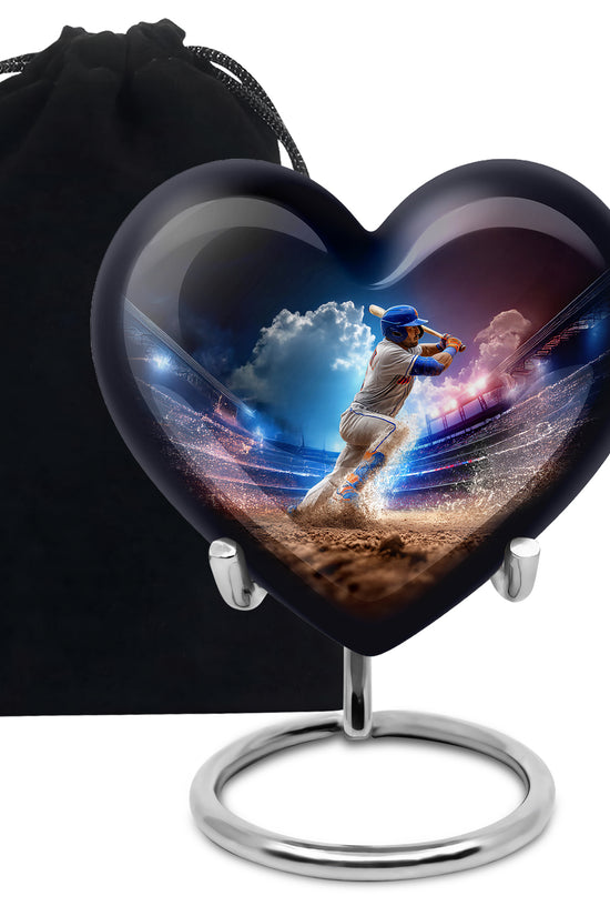 Misty Blue Baseball Cremation Urn detail view - heart-shaped baseball design symbolizing eternal love - full-size 10 inch 200 cubic inch adult cremation urn